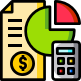 A colourful icon of a page, pie chart and calculator