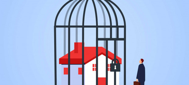 An illustration of a house locked in a bird cage