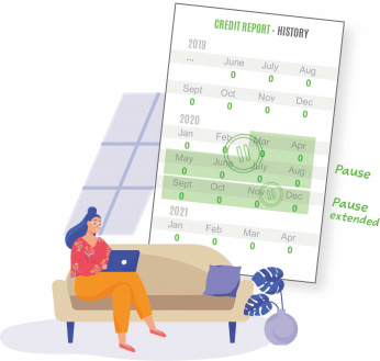 An illustration of a woman sitting on a couch with a laptop and a credit report 